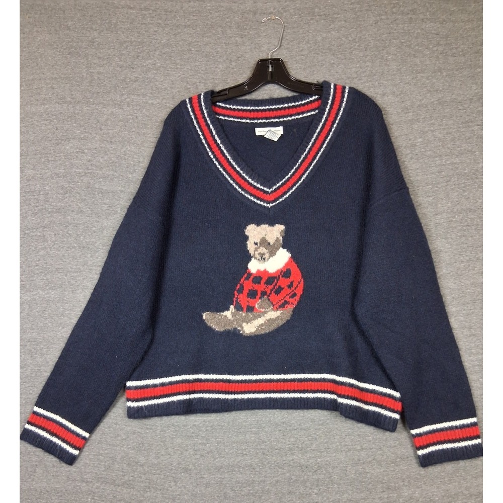 Cupcakes Cashmere Womens Sweater XL Blue Bear Pullover Dark Academia Cozy Preppy